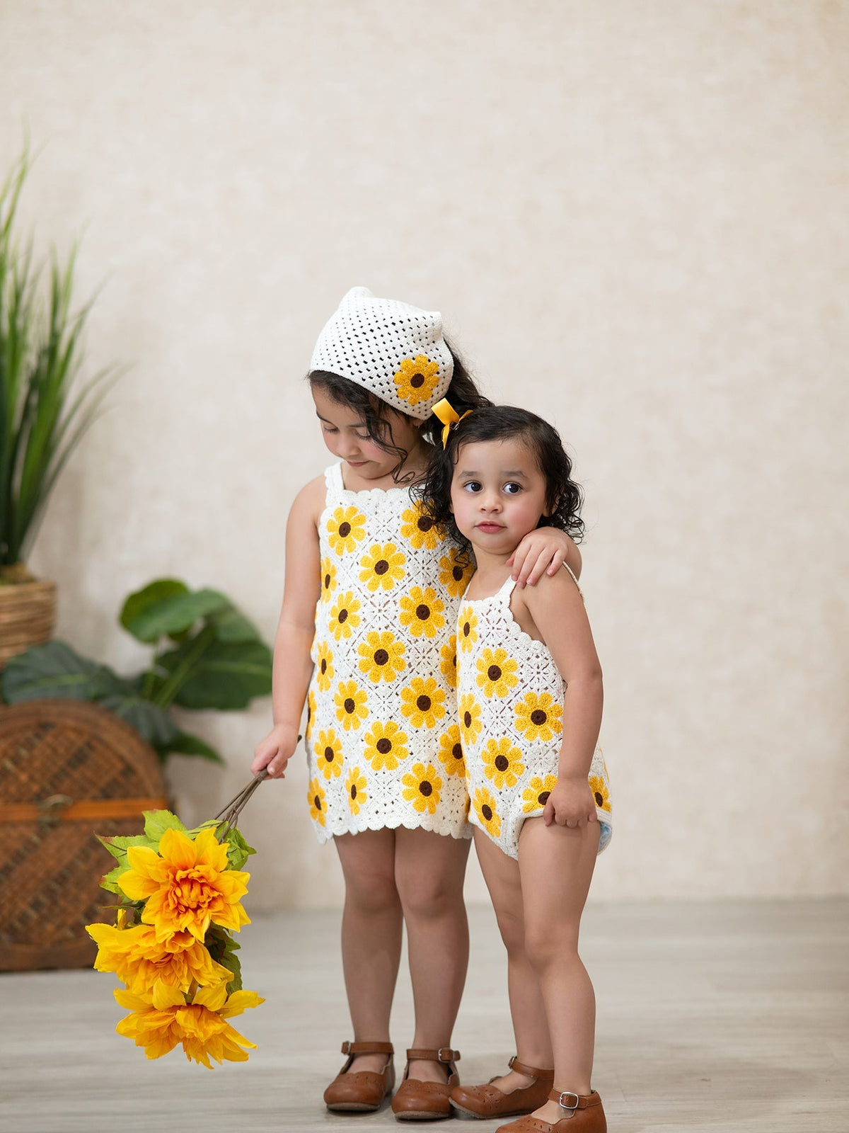 Rylee Faith Designs Summer Crochet Sunflower Girl Dress with HeadscarfEveretts Place