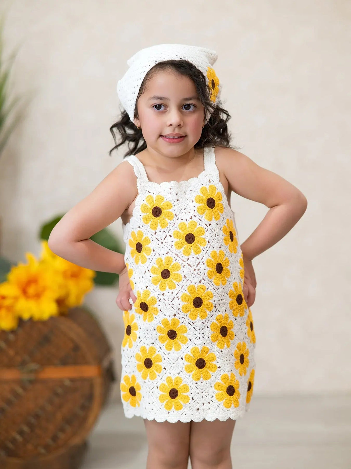 Rylee Faith Designs Summer Crochet Sunflower Girl Dress with Headscarf - 
