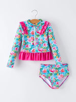 Rylee Faith Designs Summer Flamingo Long Sleeve Girl Swimwear Set - 