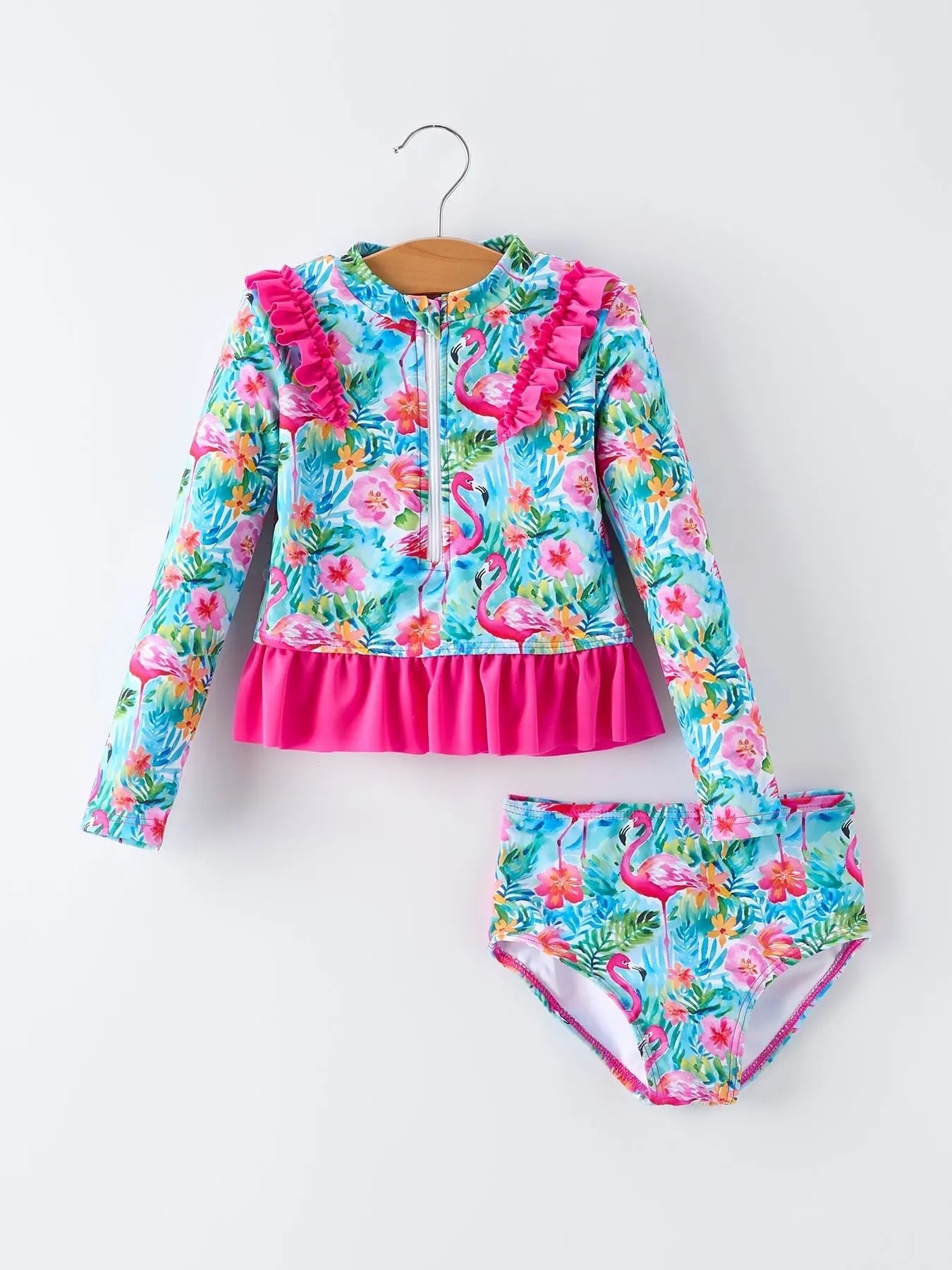 Rylee Faith Designs Summer Flamingo Long Sleeve Girl Swimwear Set - 