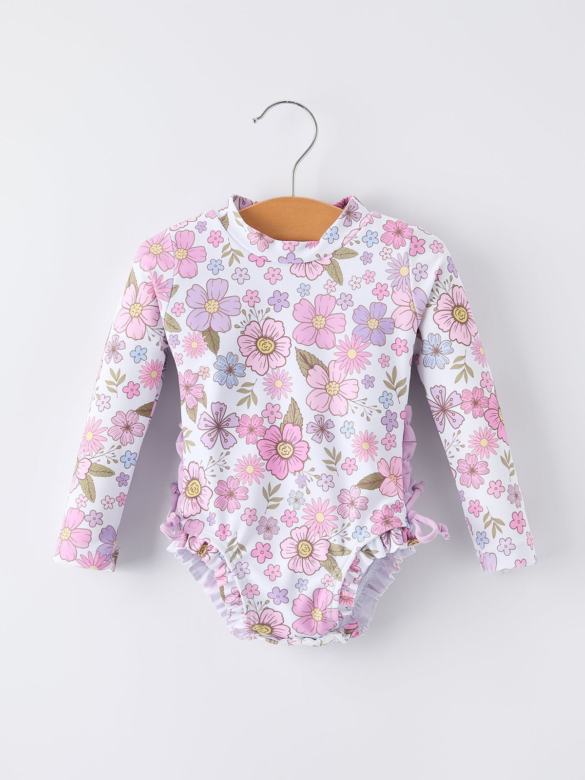 Rylee Faith Designs Summer Floral Print Girl Long Sleeve Ruffle One Piece Swimsuit