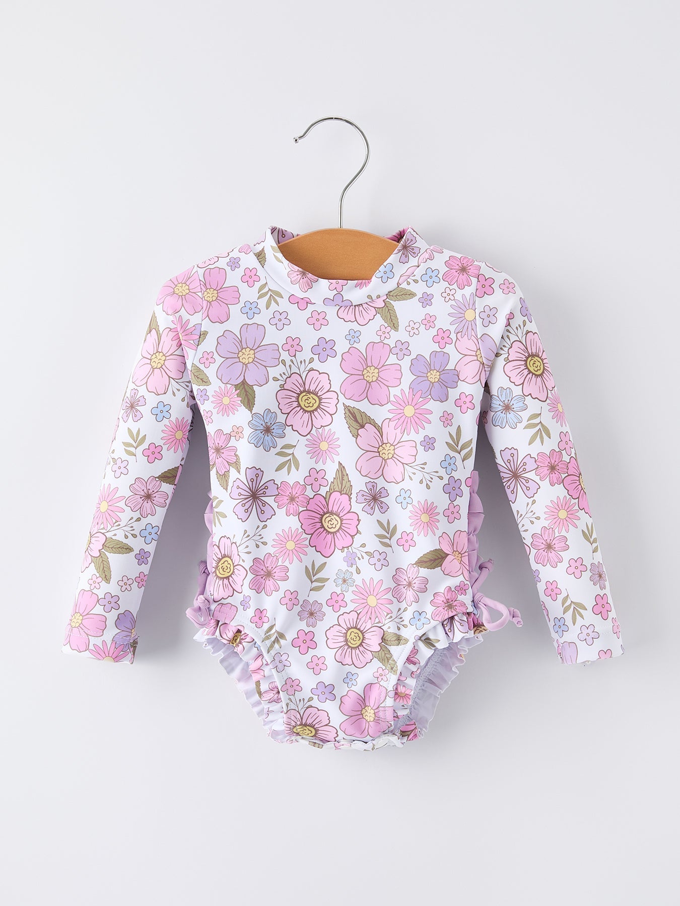 Rylee Faith Designs Summer Floral Print Girl Long Sleeve Ruffle One Piece Swimsuit