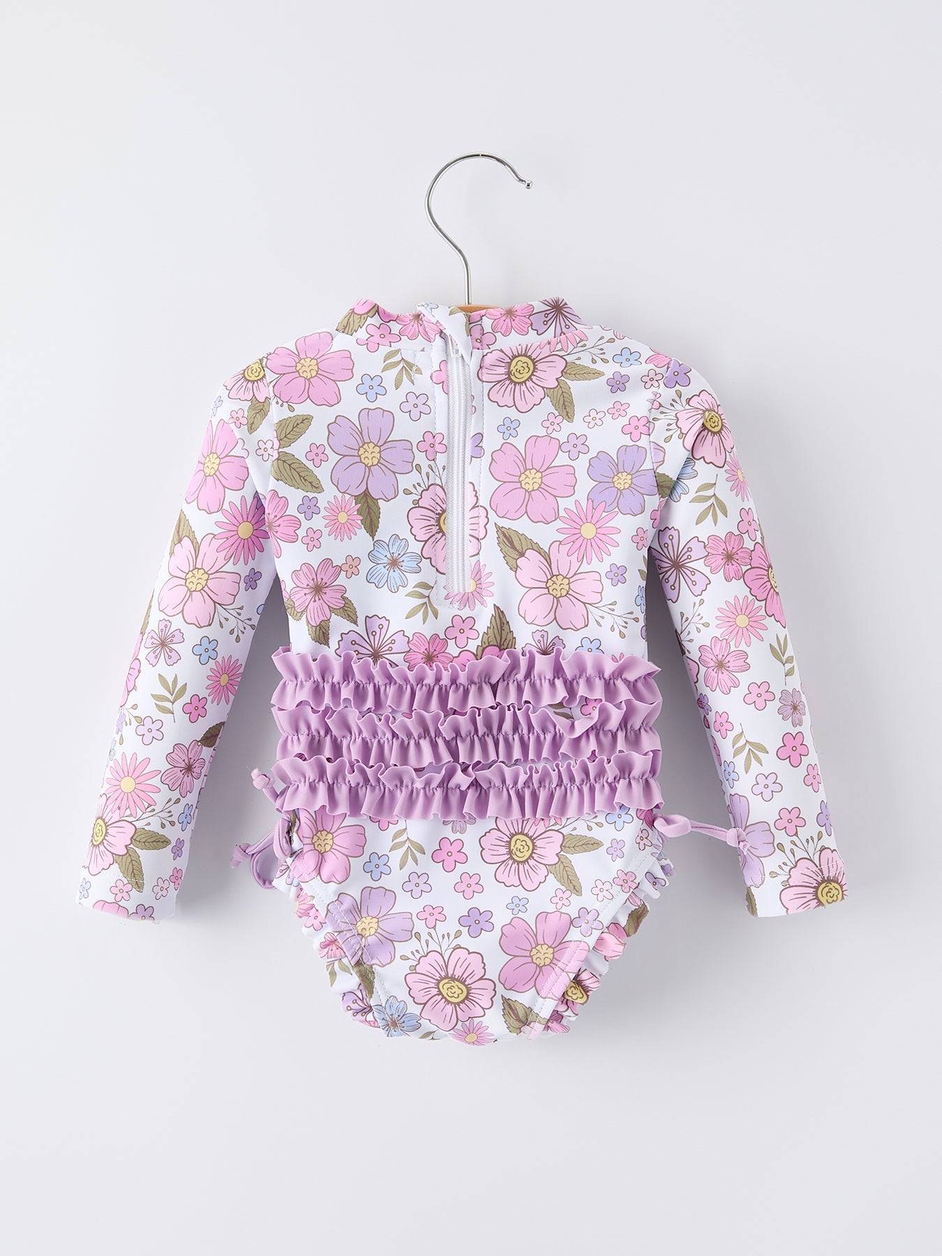 Rylee Faith Designs Summer Floral Print Girl Long Sleeve Ruffle One Piece Swimsuit