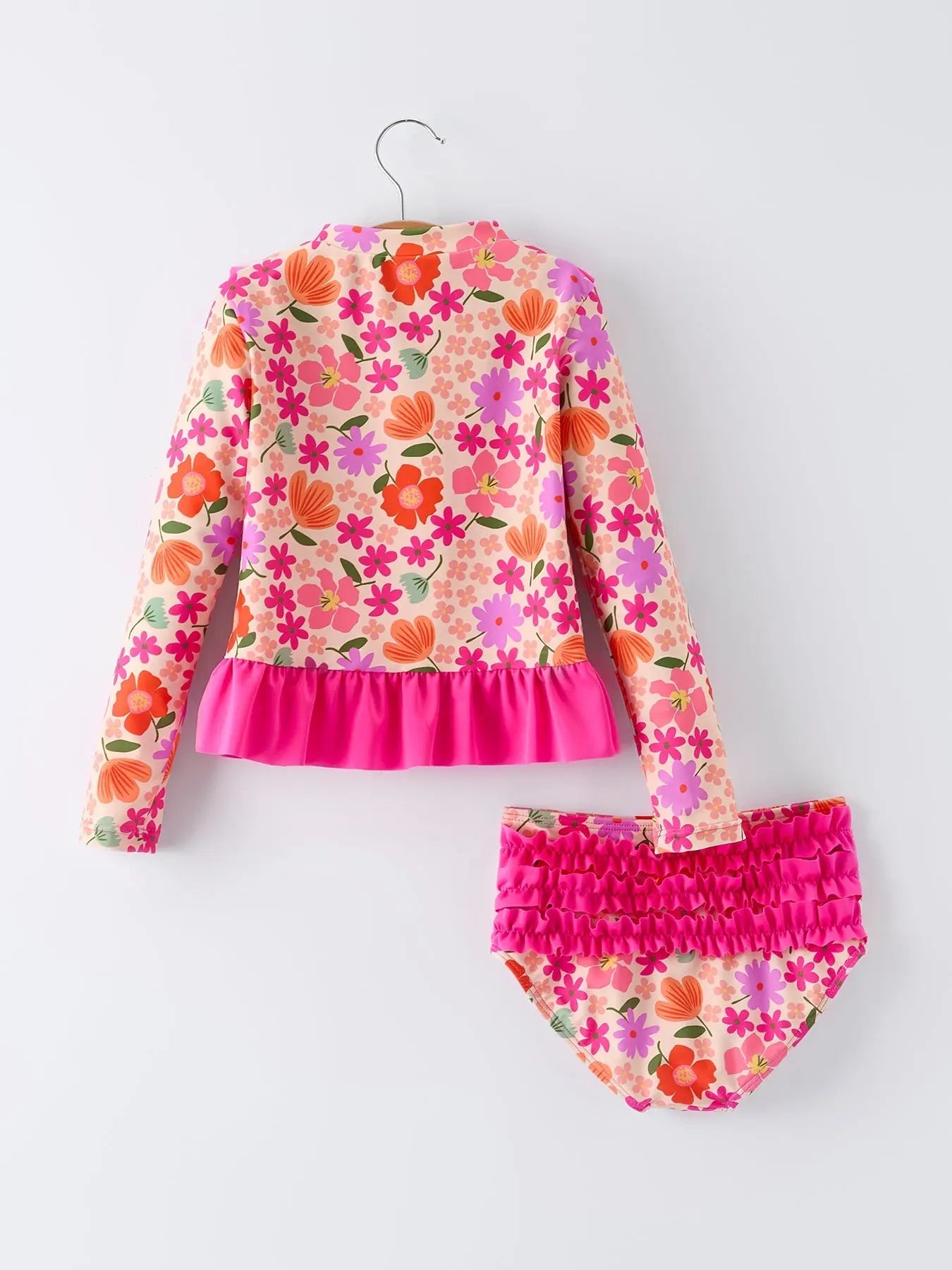 Rylee Faith Designs Summer Floral Ruffle Long Sleeve Girl Swimwear Set - 