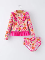 Rylee Faith Designs Summer Floral Ruffle Long Sleeve Girl Swimwear Set - 
