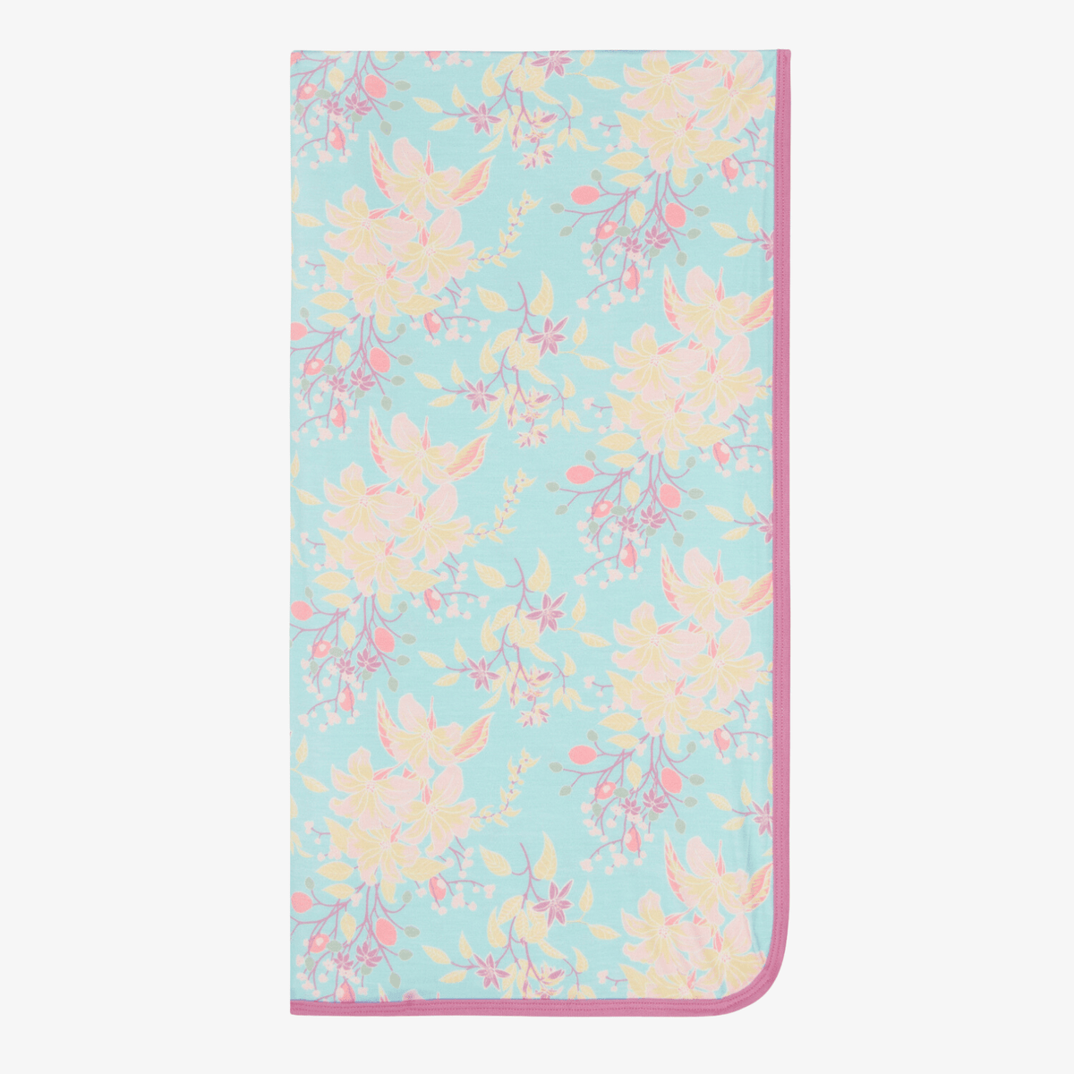 Aqua swaddle blanket with a cheerful floral print spread out flat
