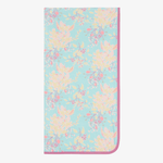 Aqua swaddle blanket with a cheerful floral print spread out flat