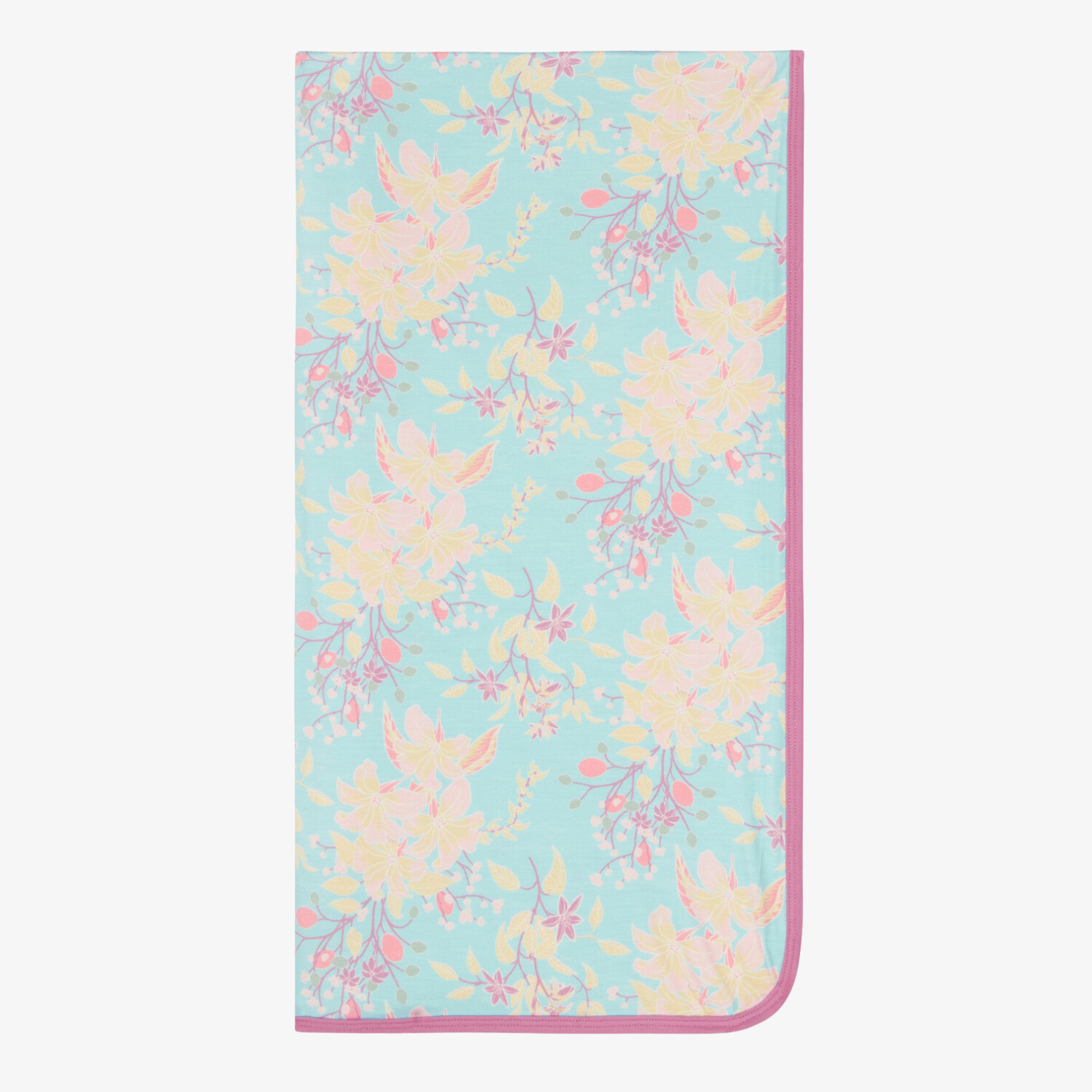 Aqua swaddle blanket with a cheerful floral print spread out flat