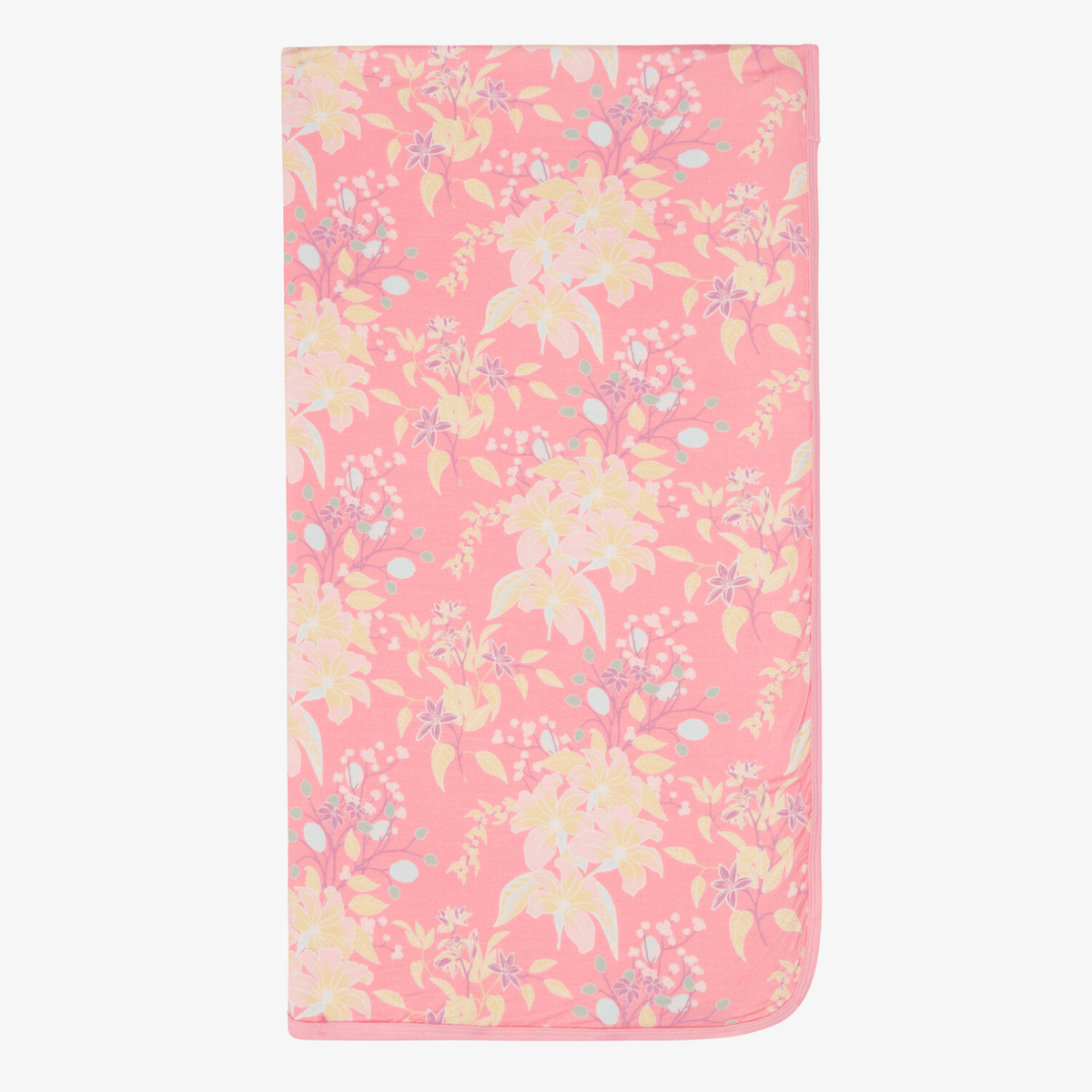 Pink swaddle blanket with a summer floral print in soft pink tones, spread out flat.