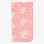 Pink swaddle blanket with a summer floral print in soft pink tones, spread out flat.