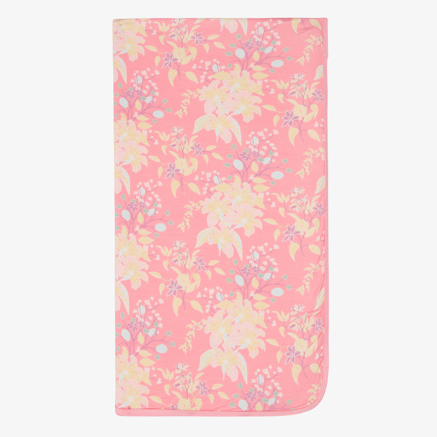 Pink swaddle blanket with a summer floral print in soft pink tones, spread out flat.