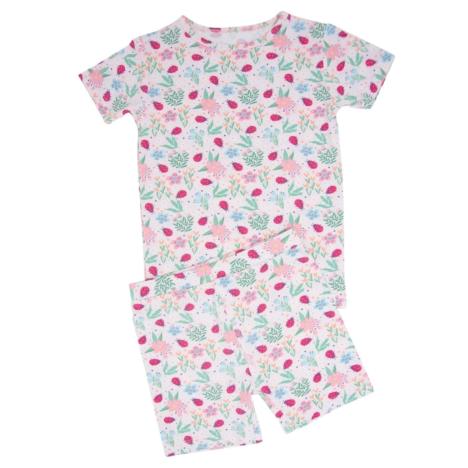 Ladybug Flower Garden Summer Pajama Set for Girls Sweet Bamboo