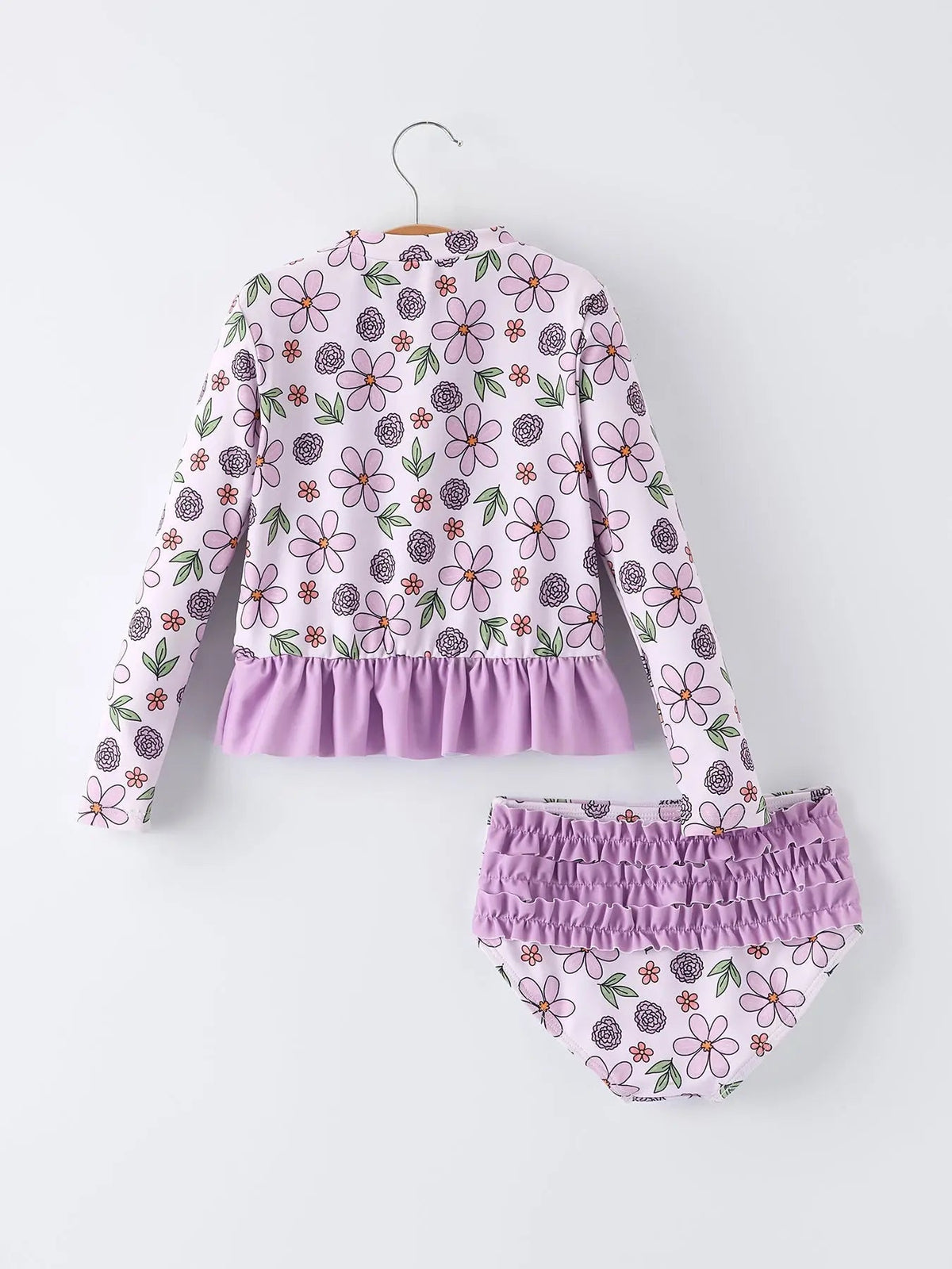 Rylee Faith Designs Summer Purple Floral Long Sleeve Girl Swimwear Set - 