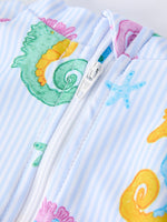 Rylee Faith Designs Summer Seahorse Print Girl Long Sleeve Ruffle One Piece Swimsuit - 