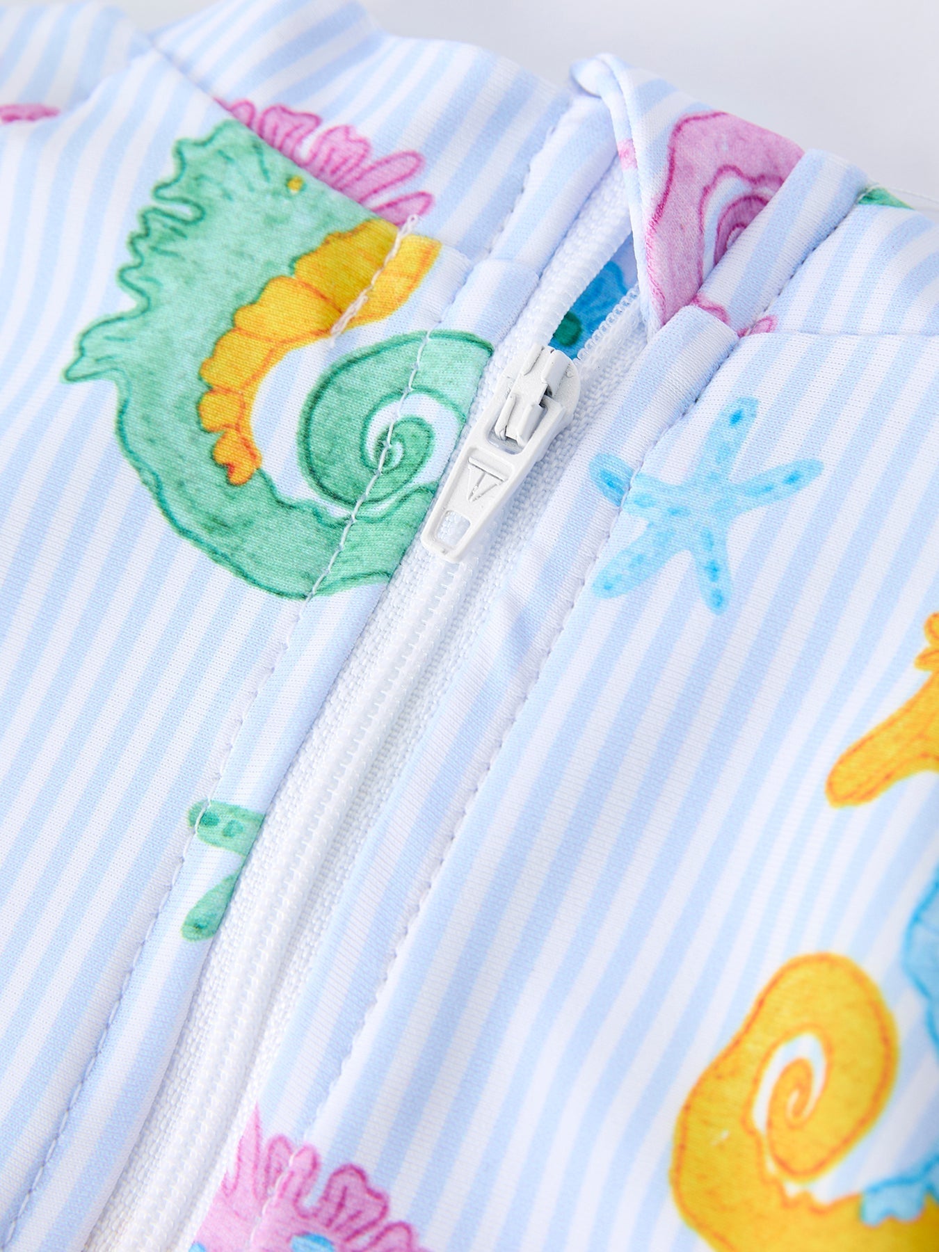 Rylee Faith Designs Summer Seahorse Print Girl Long Sleeve Ruffle One Piece Swimsuit - 