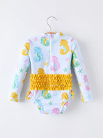 Rylee Faith Designs Summer Seahorse Print Girl Long Sleeve Ruffle One Piece Swimsuit - 