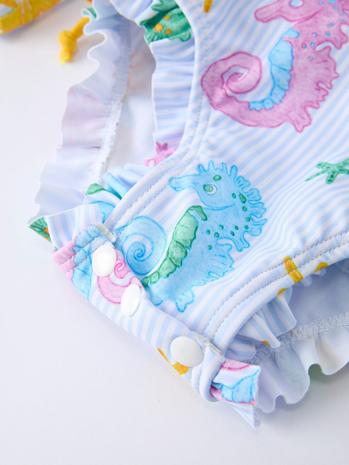 Rylee Faith Designs Summer Seahorse Print Girl Long Sleeve Ruffle One Piece Swimsuit - 