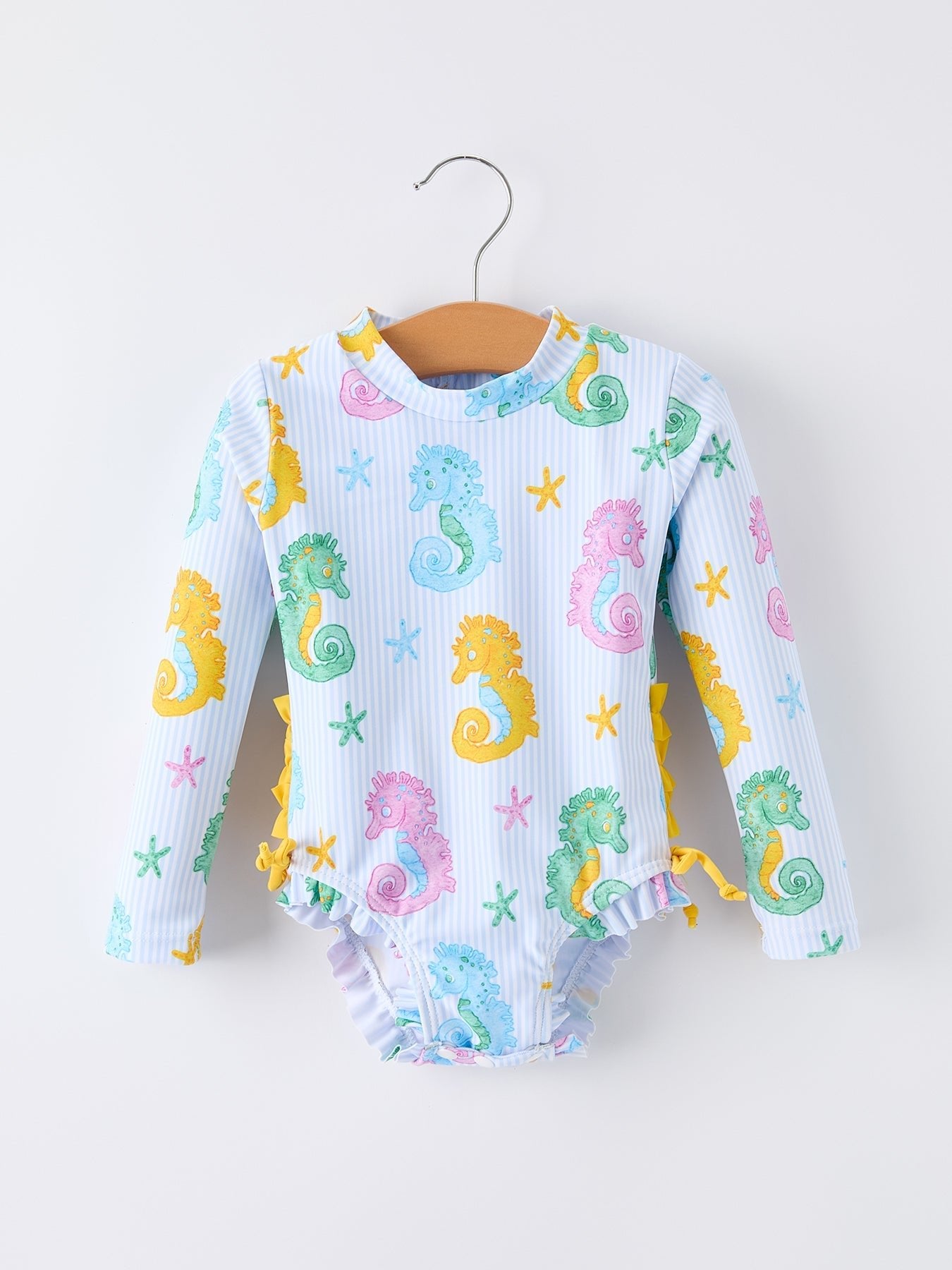 Rylee Faith Designs Summer Seahorse Print Girl Long Sleeve Ruffle One Piece Swimsuit - 