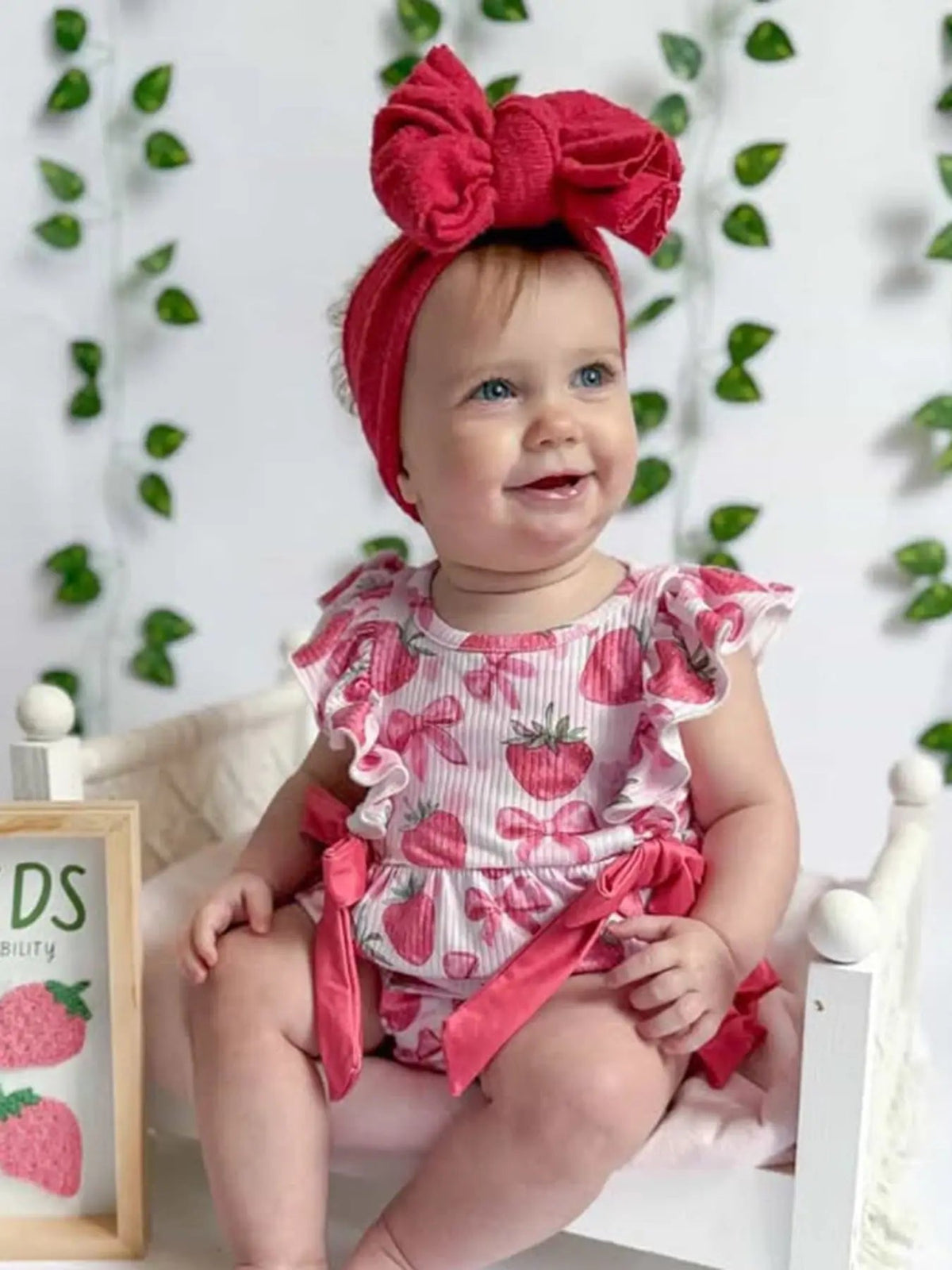 Rylee Faith Designs Summer Strawberry Bow Baby Girl Romper - 