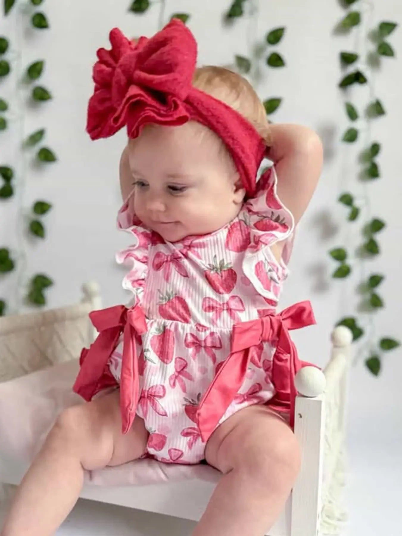 Rylee Faith Designs Summer Strawberry Bow Baby Girl Romper - 
