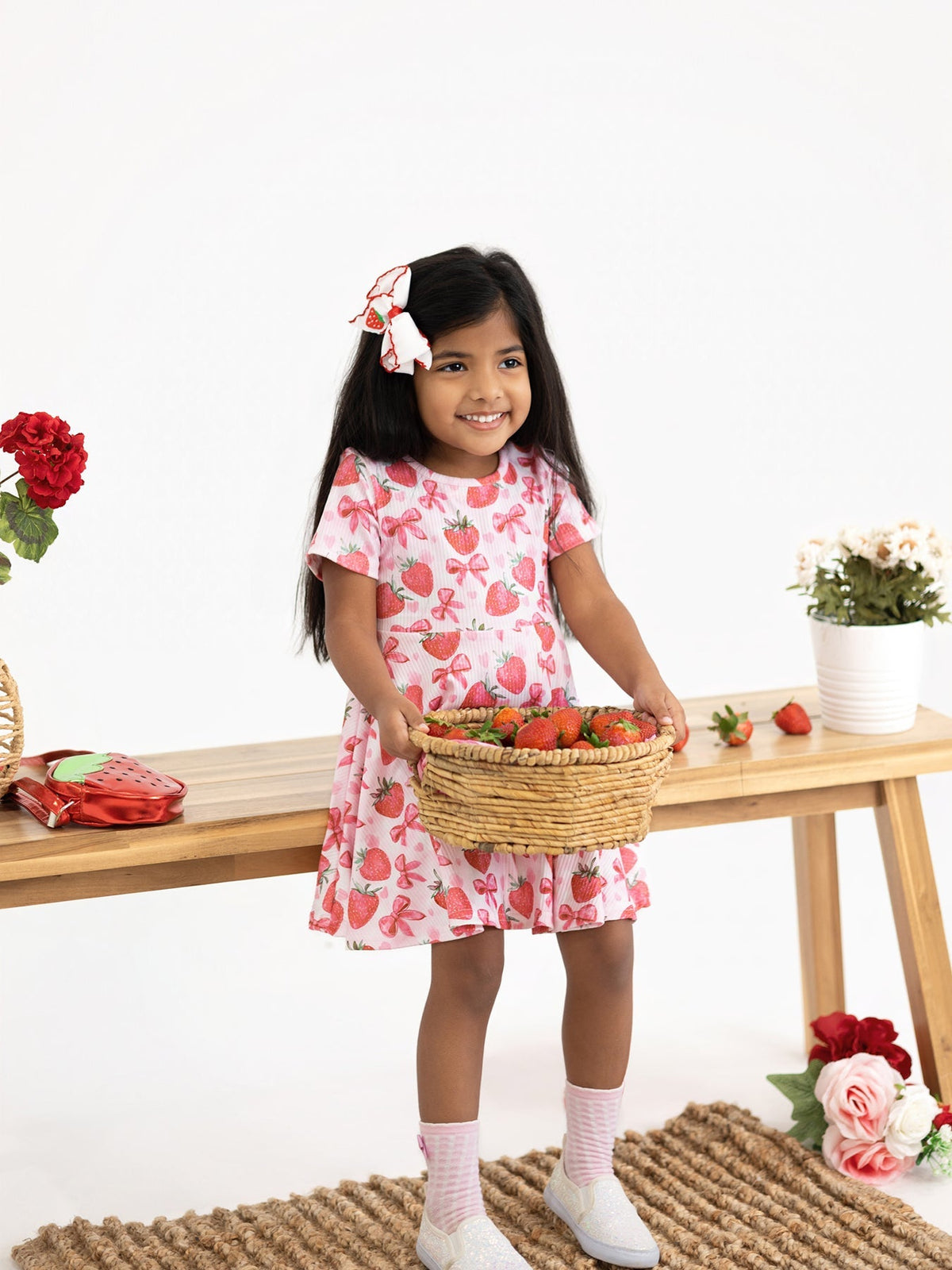 Rylee Faith Designs Summer Strawberry Bow Girls Short Sleeve Dress -