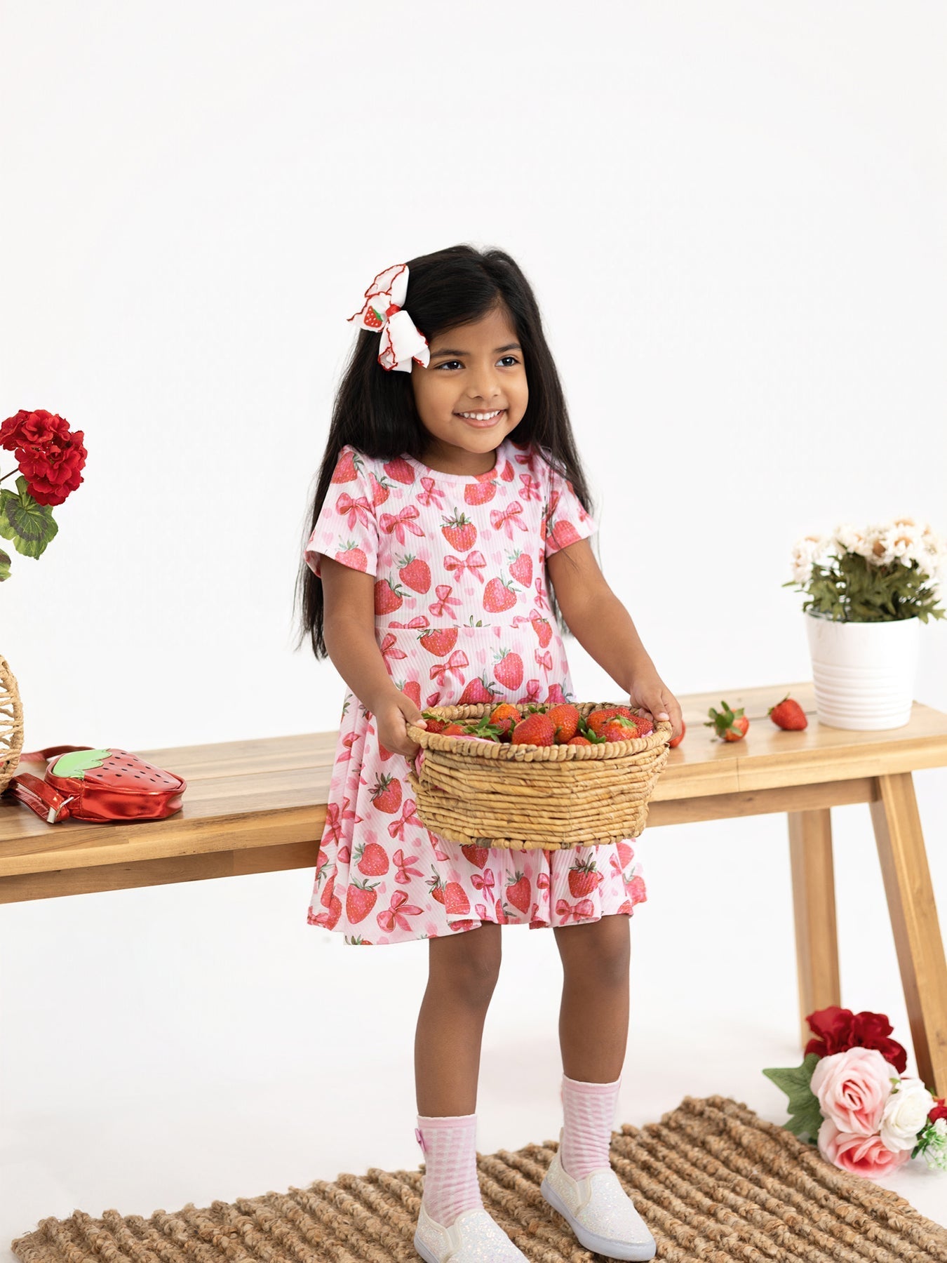 Rylee Faith Designs Summer Strawberry Bow Girls Short Sleeve Dress -