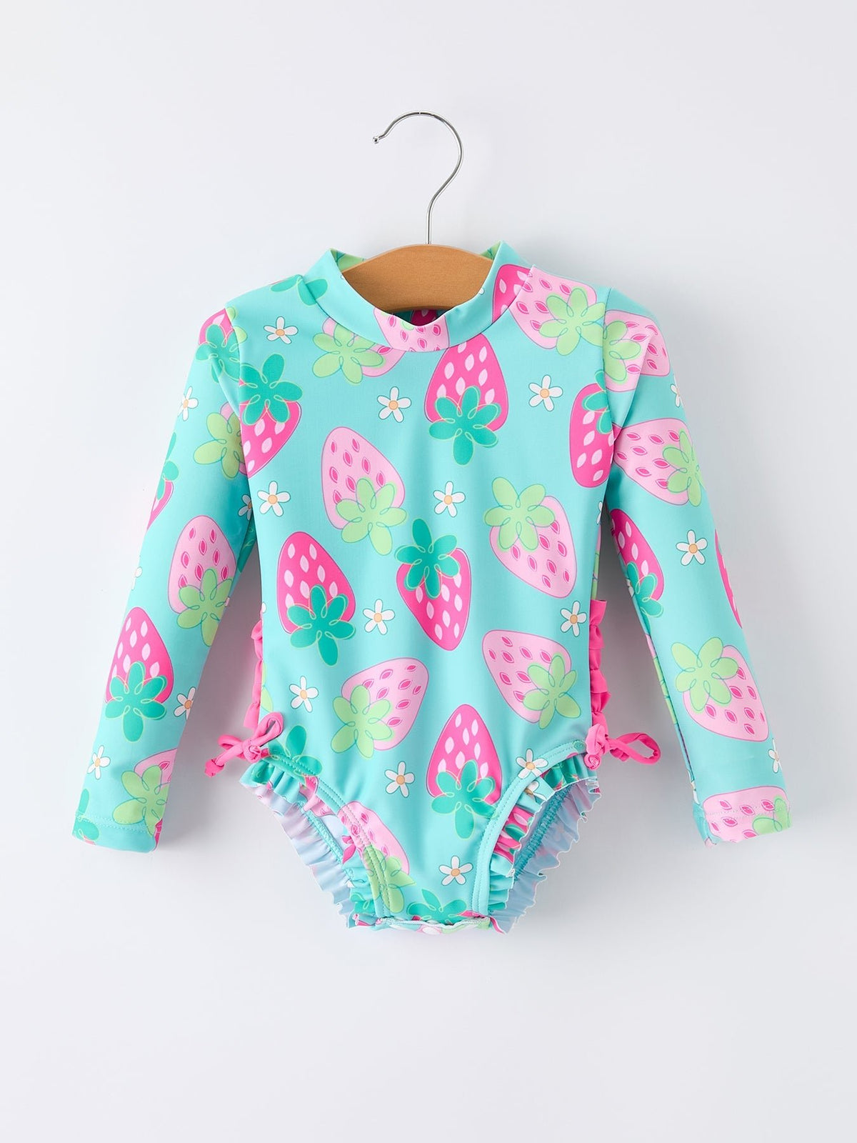 Rylee Faith Designs Summer Strawberry Print Girl Long Sleeve Ruffle One Piece Swimsuit - 