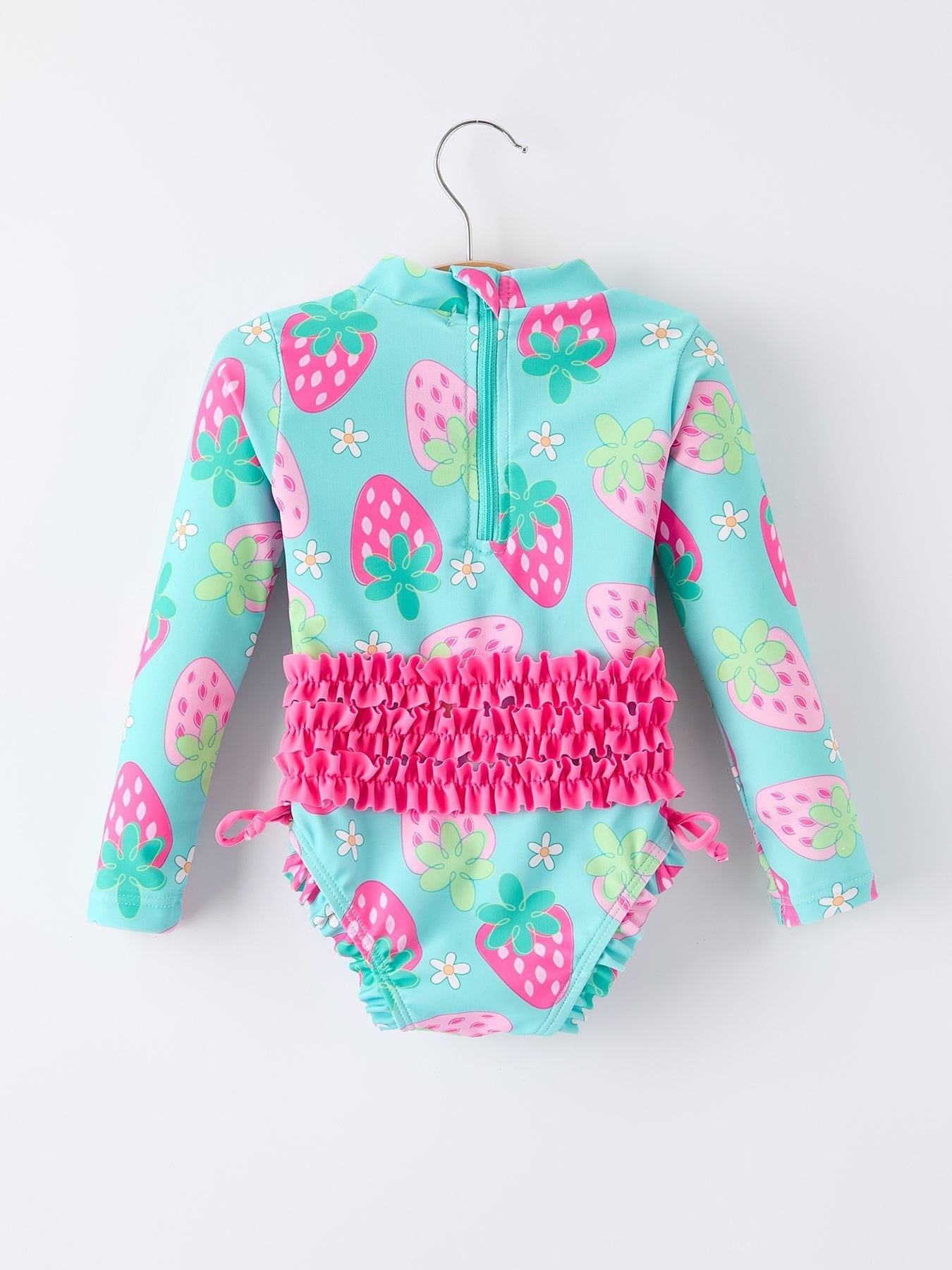 Rylee Faith Designs Summer Strawberry Print Girl Long Sleeve Ruffle One Piece Swimsuit - 