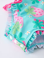 Rylee Faith Designs Summer Strawberry Print Girl Long Sleeve Ruffle One Piece Swimsuit - 