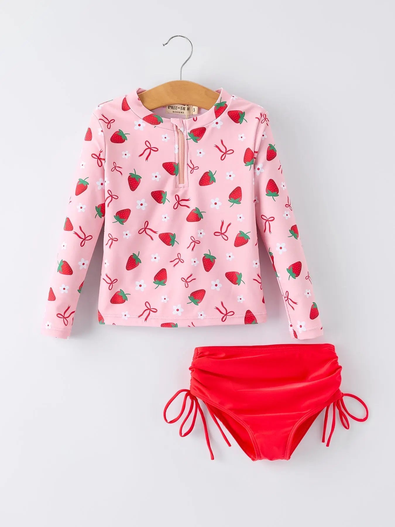 Rylee Faith Designs Summer Strawberry Print Girls Long Sleeve Swim Set - 