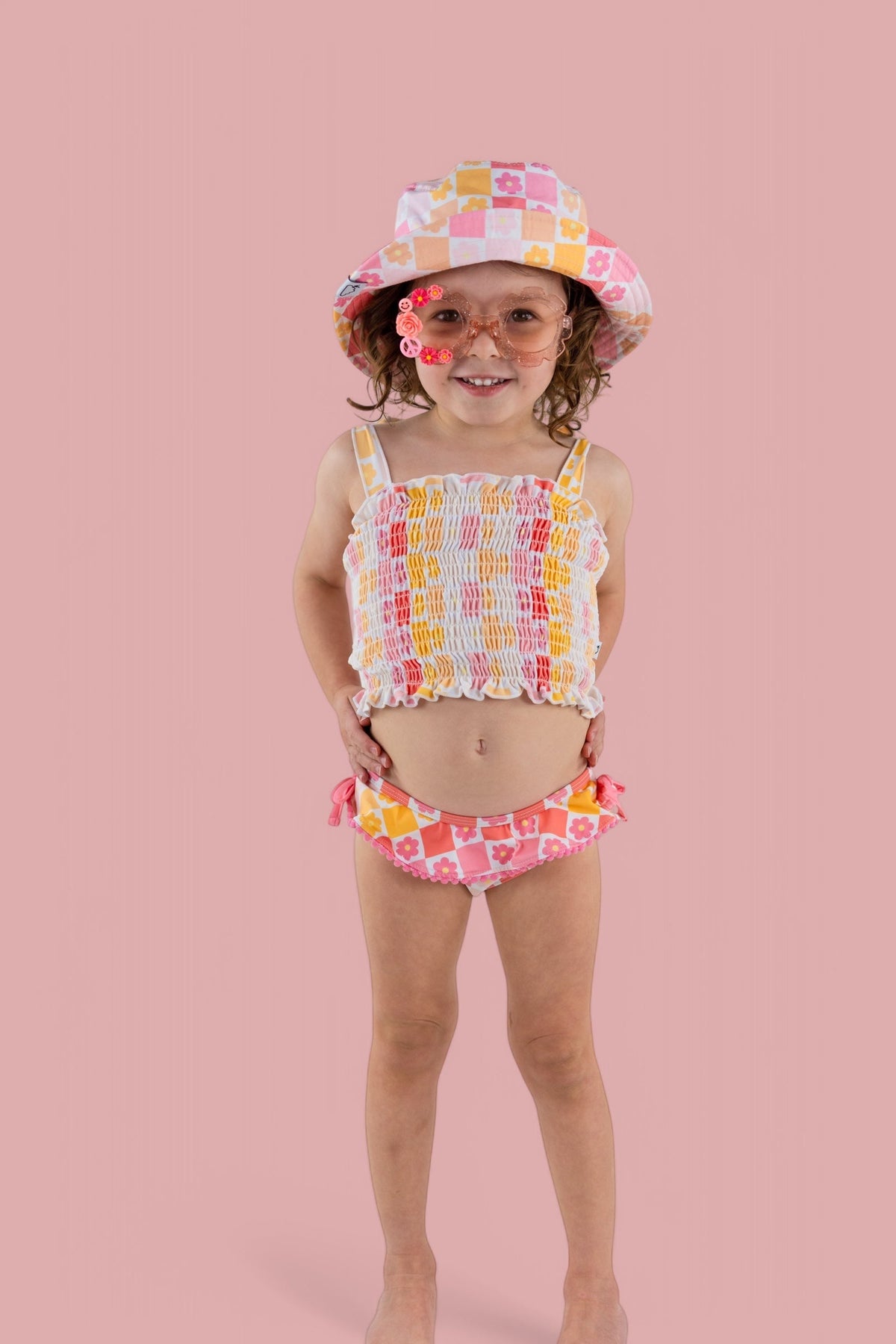DREAM BIG LITTLE CO SUMMER SUNSET CHECKERS DREAM SMOCKED TANKINI TWO PIECE SWIM SUITEveretts Place