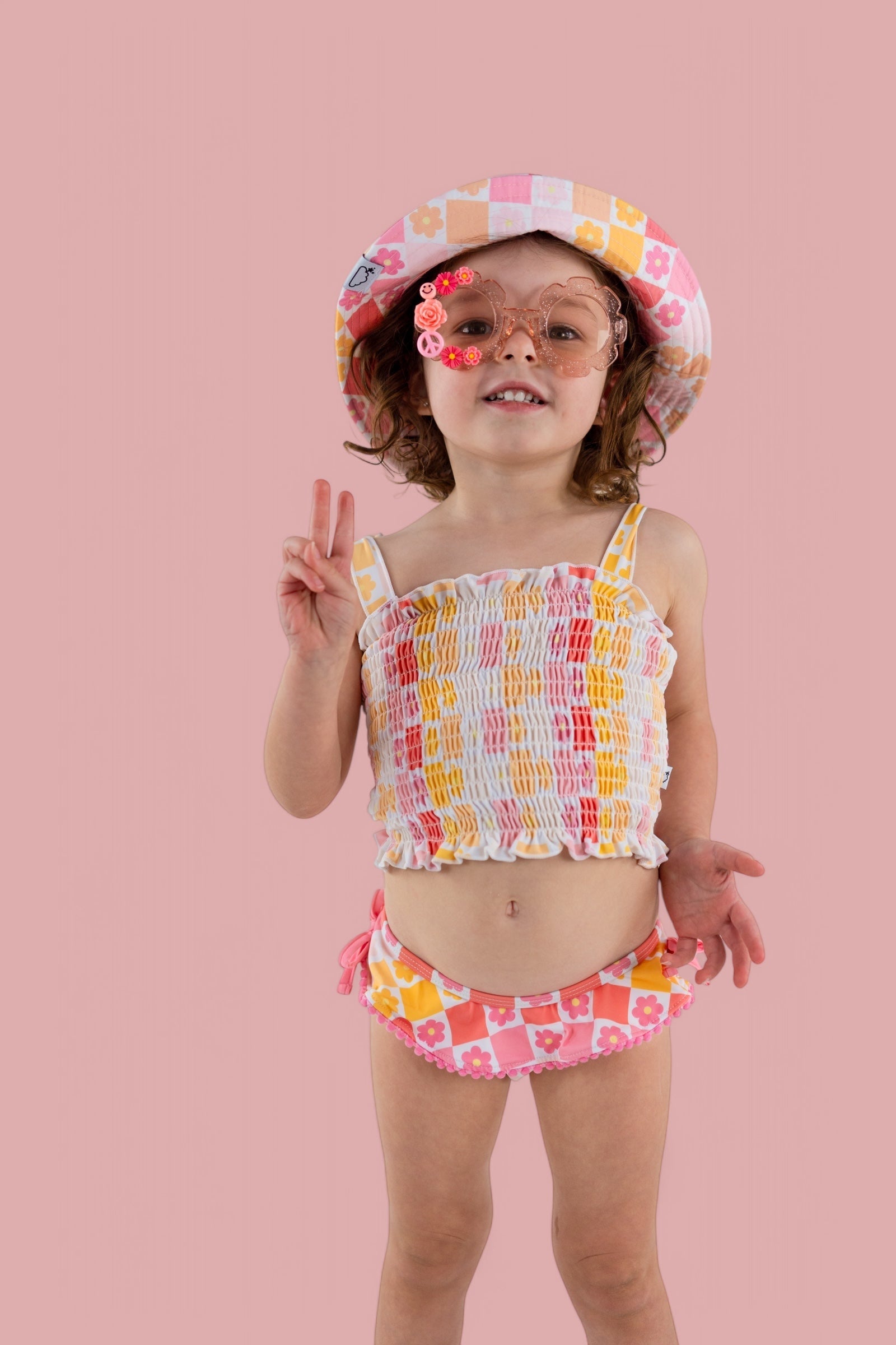 DREAM BIG LITTLE CO SUMMER SUNSET CHECKERS DREAM SMOCKED TANKINI TWO PIECE SWIM SUITEveretts Place