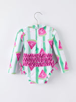 Rylee Faith Designs Summer Watermelon Print Girl Long Sleeve Ruffle One Piece Swimsuit