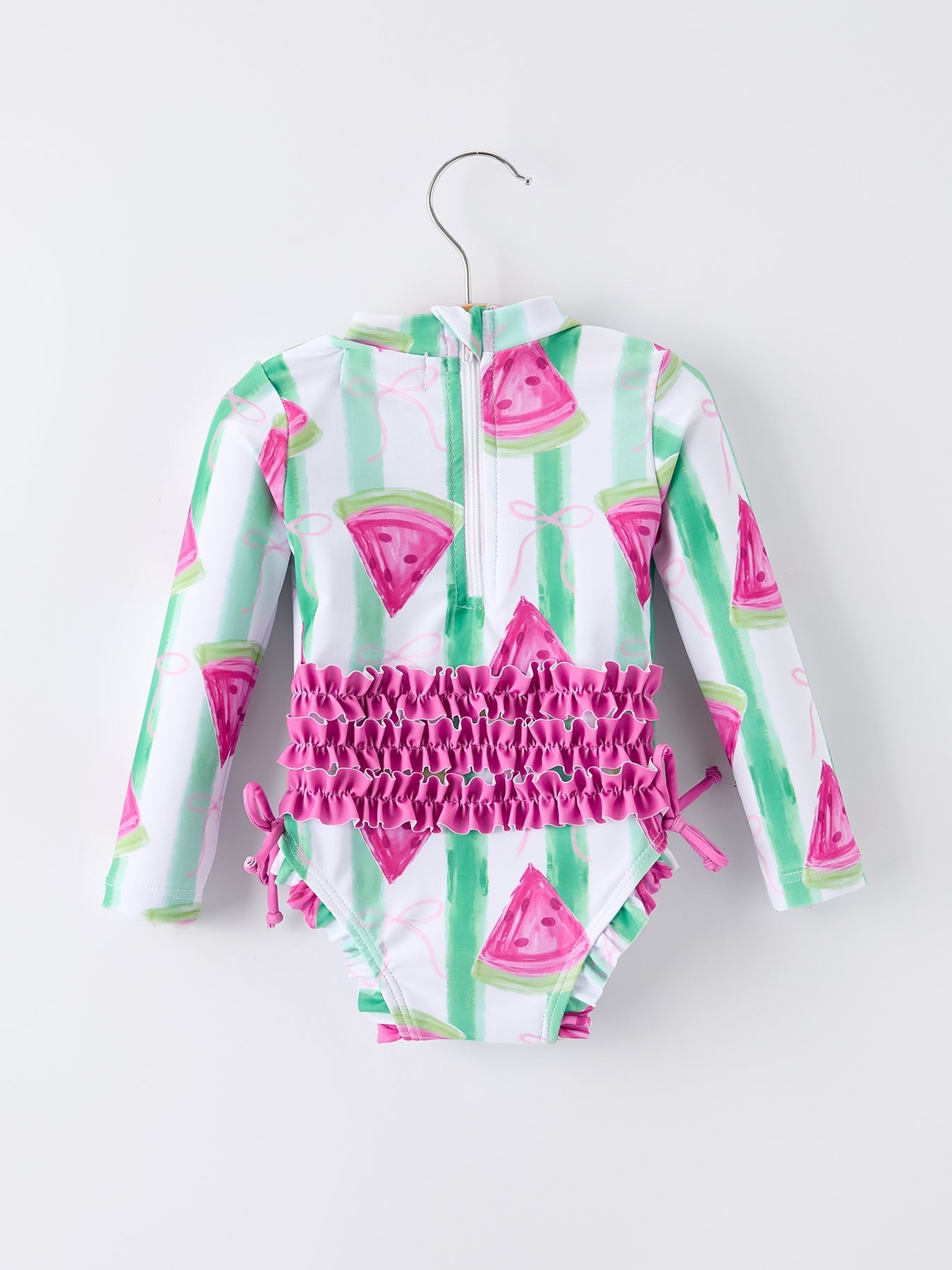 Rylee Faith Designs Summer Watermelon Print Girl Long Sleeve Ruffle One Piece Swimsuit