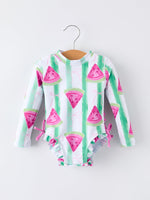 Rylee Faith Designs Summer Watermelon Print Girl Long Sleeve Ruffle One Piece Swimsuit