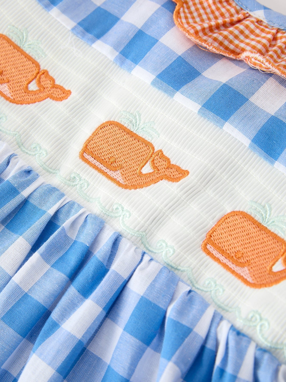 Rylee Faith Designs Summer Whale Embroidery Girls Dress Plaid Ruffle Collar