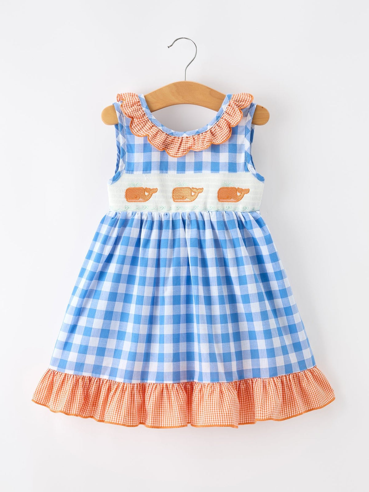 Rylee Faith Designs Summer Whale Embroidery Girls Dress Plaid Ruffle Collar