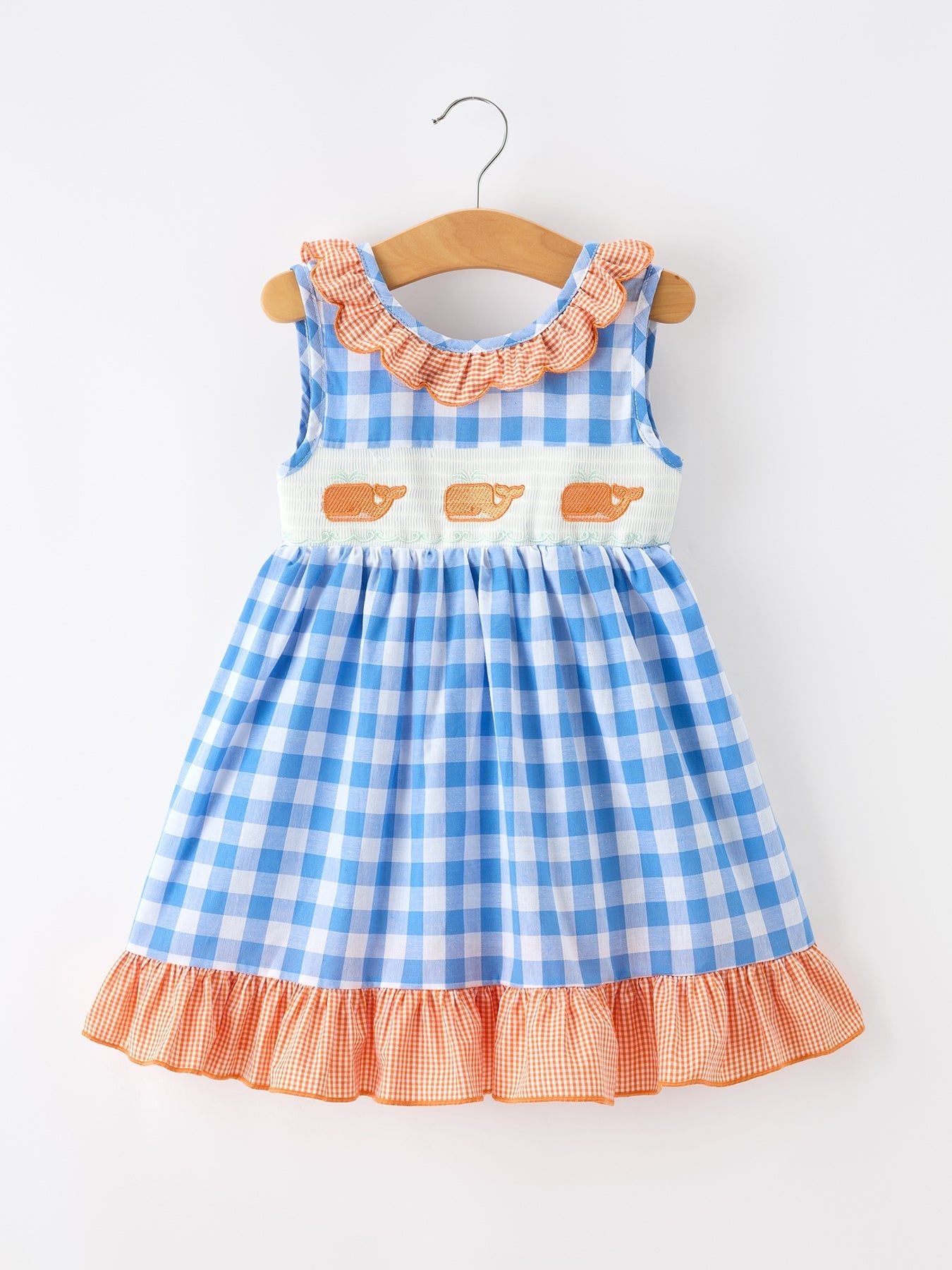 Rylee Faith Designs Summer Whale Embroidery Girls Dress Plaid Ruffle Collar