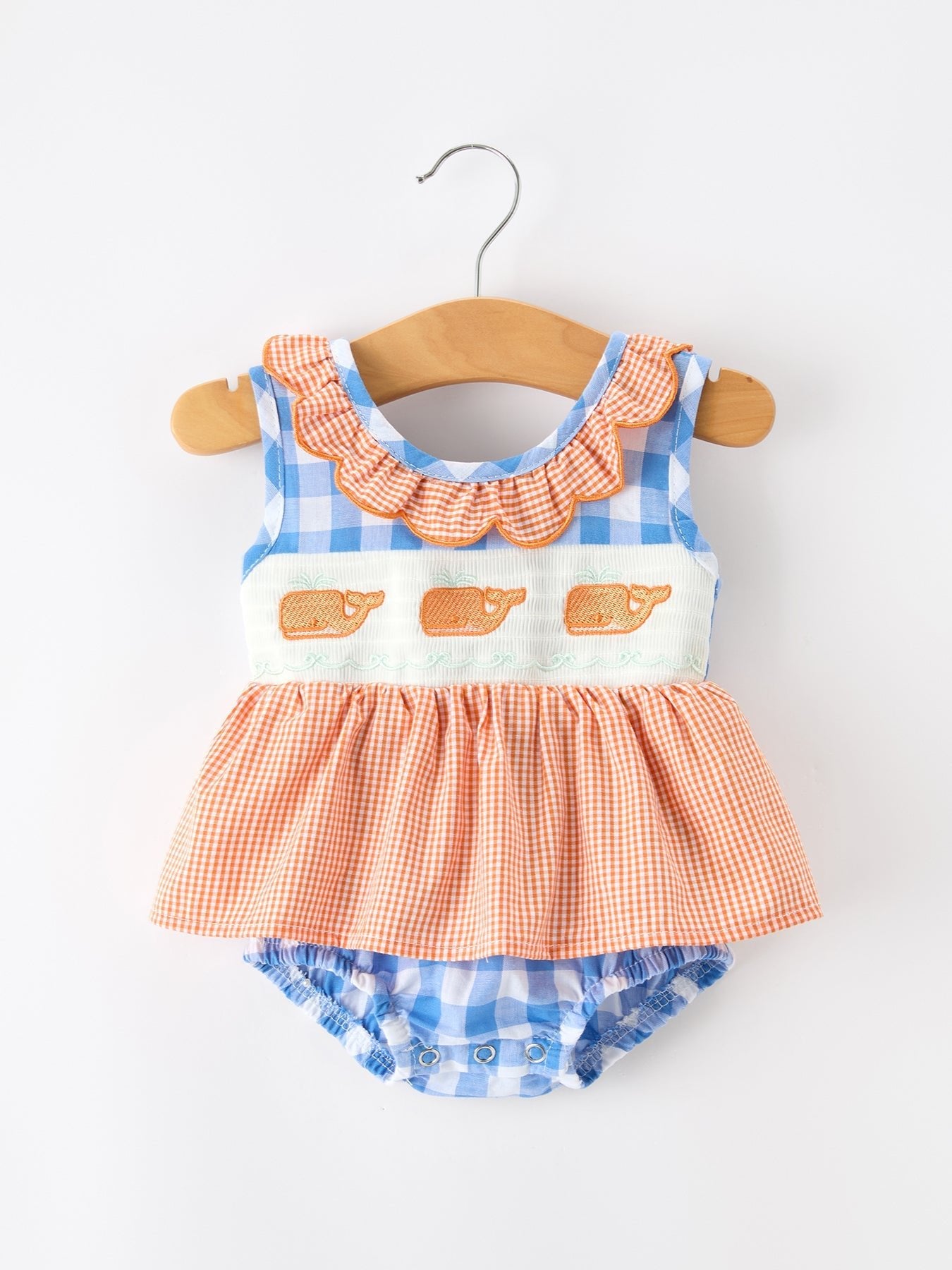 Summer Whale Embroidery Girls Romper Plaid Ruffle Collar - Baby & Toddler Clothing, Textile, One-piece garment, Pink, Dress | Everetts Place