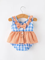 Rylee Faith Designs Summer Whale Embroidery Girls Romper Plaid Ruffle Collar