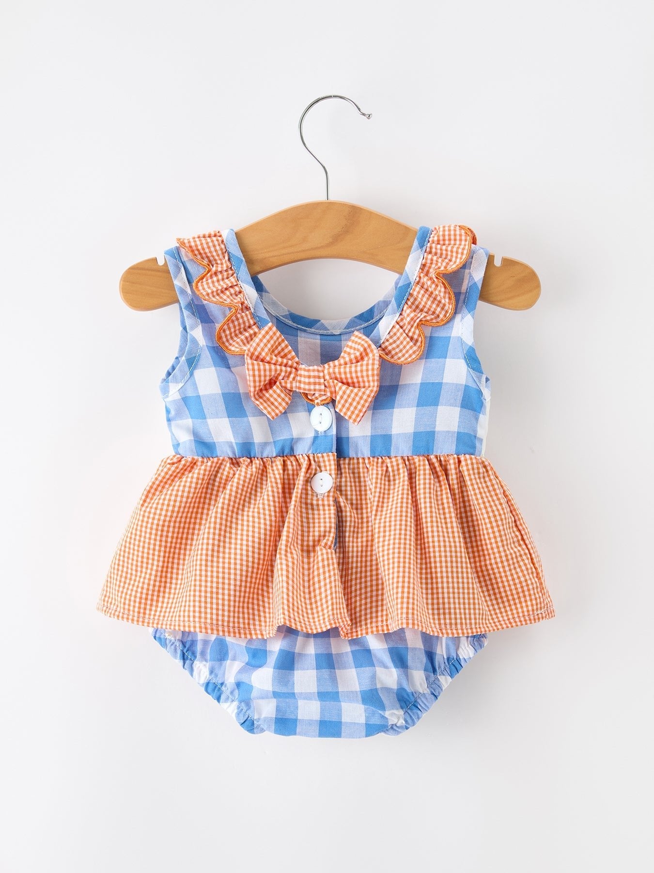 Rylee Faith Designs Summer Whale Embroidery Girls Romper Plaid Ruffle Collar