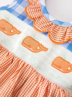 Rylee Faith Designs Summer Whale Embroidery Girls Romper Plaid Ruffle Collar