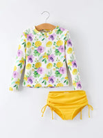 Rylee Faith Designs Summer Yellow Floral Print Girls Long Sleeve Swim Set - 
