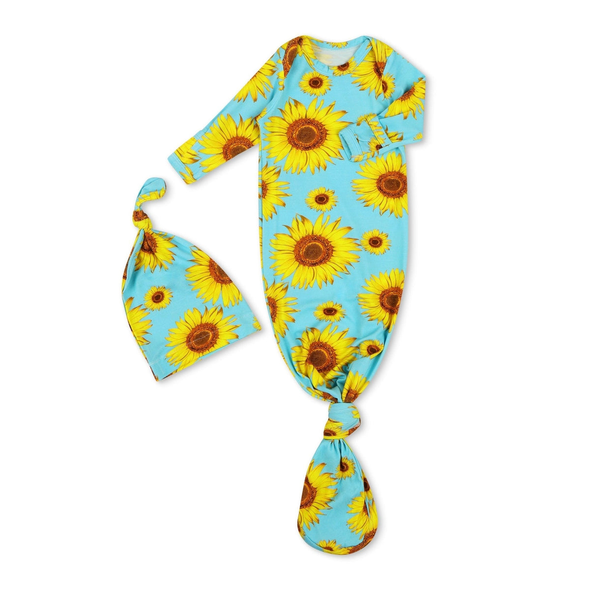 Baby gown and matching hat in yellow sunflower print with fold-over hand mittens