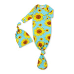 Baby gown and matching hat in yellow sunflower print with fold-over hand mittens