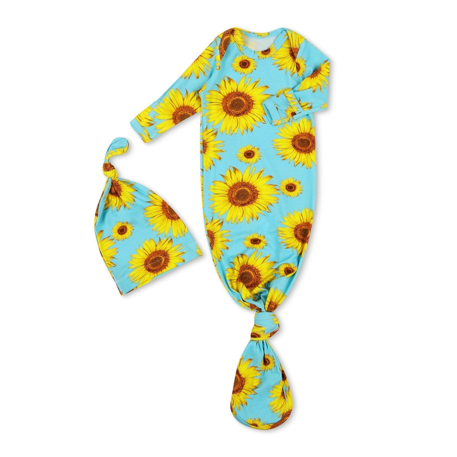 Baby gown and matching hat in yellow sunflower print with fold-over hand mittens