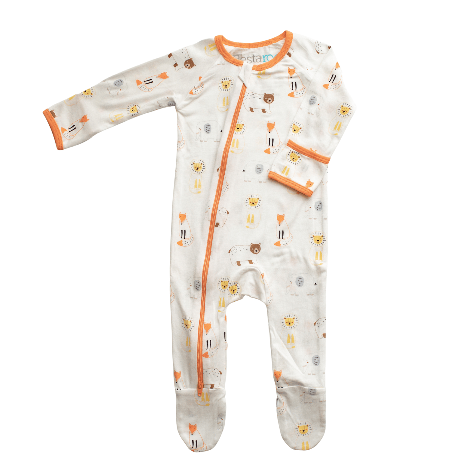 Baby footie pajamas in a sunrise safari print with a full-length front zipper and fold-over hand mittens