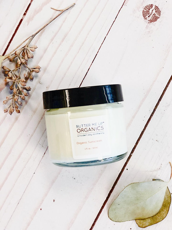 Natural organic sunscreen in jar with non-nano zinc oxide, SPF 45 protection by Butter Me Up Organics.
