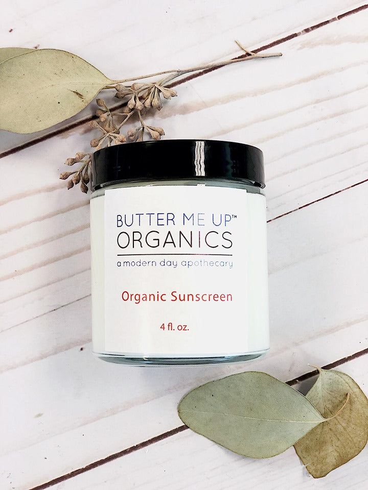 Natural organic sunscreen with SPF 45 featuring non-nano zinc oxide for safe sun protection by Butter Me Up Organics.