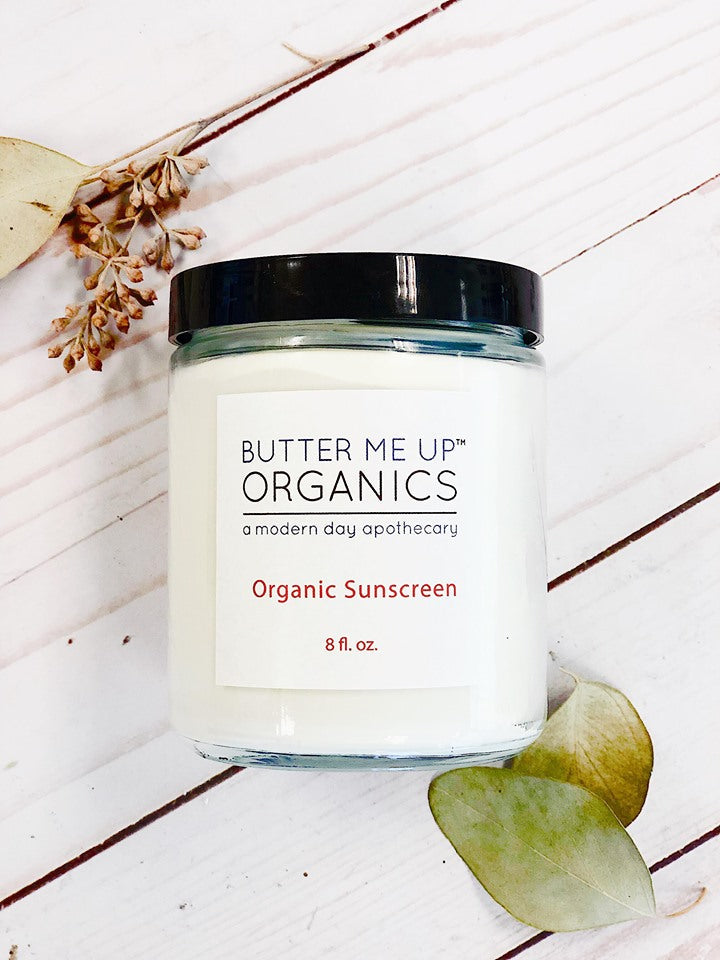 Natural organic sunscreen in 8 oz jar by Butter Me Up Organics, featuring non-nano zinc oxide for SPF 45 protection.